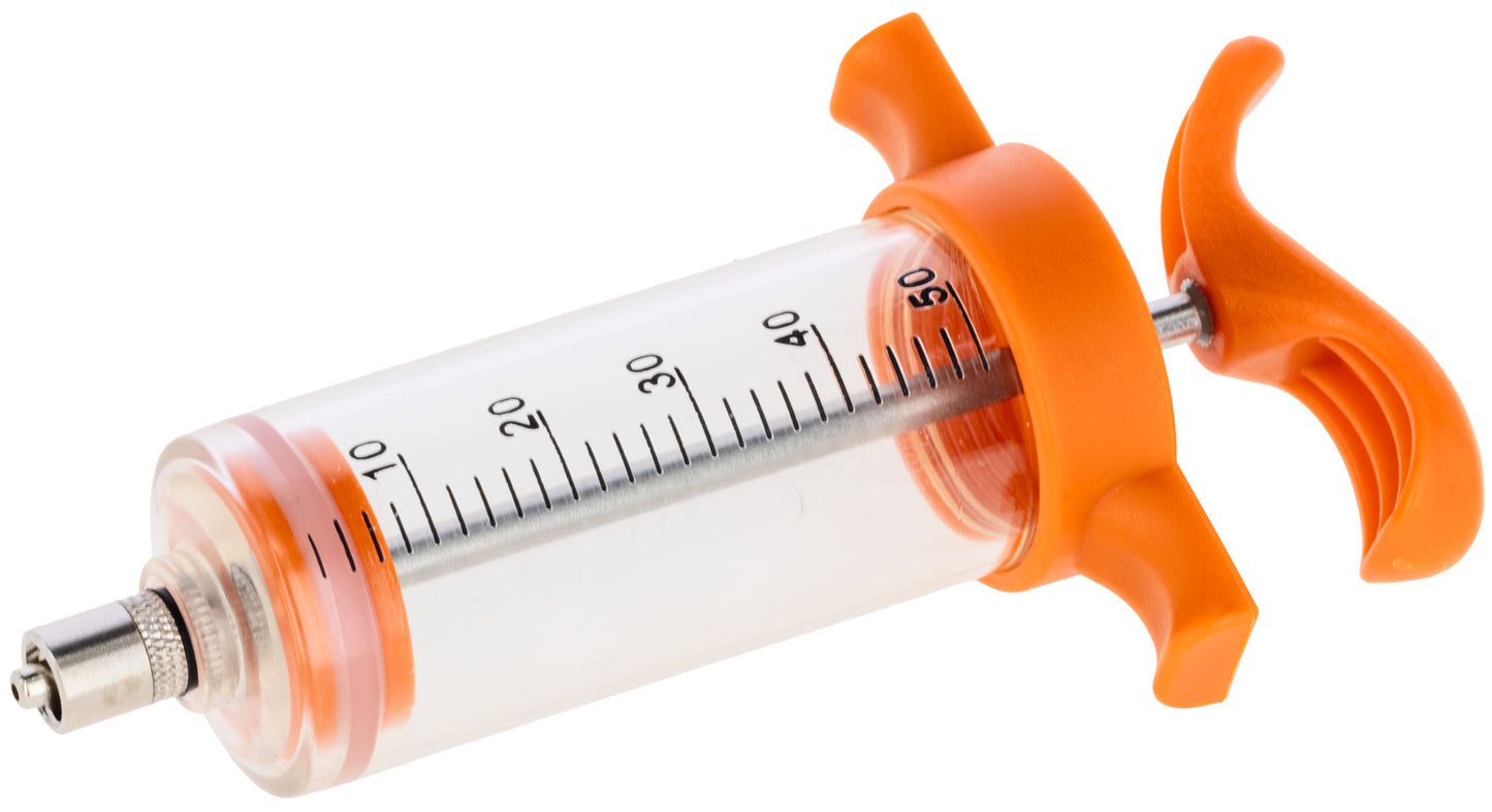 Dozirna brizgalka 50 ml LL, na oranžna, črna skala