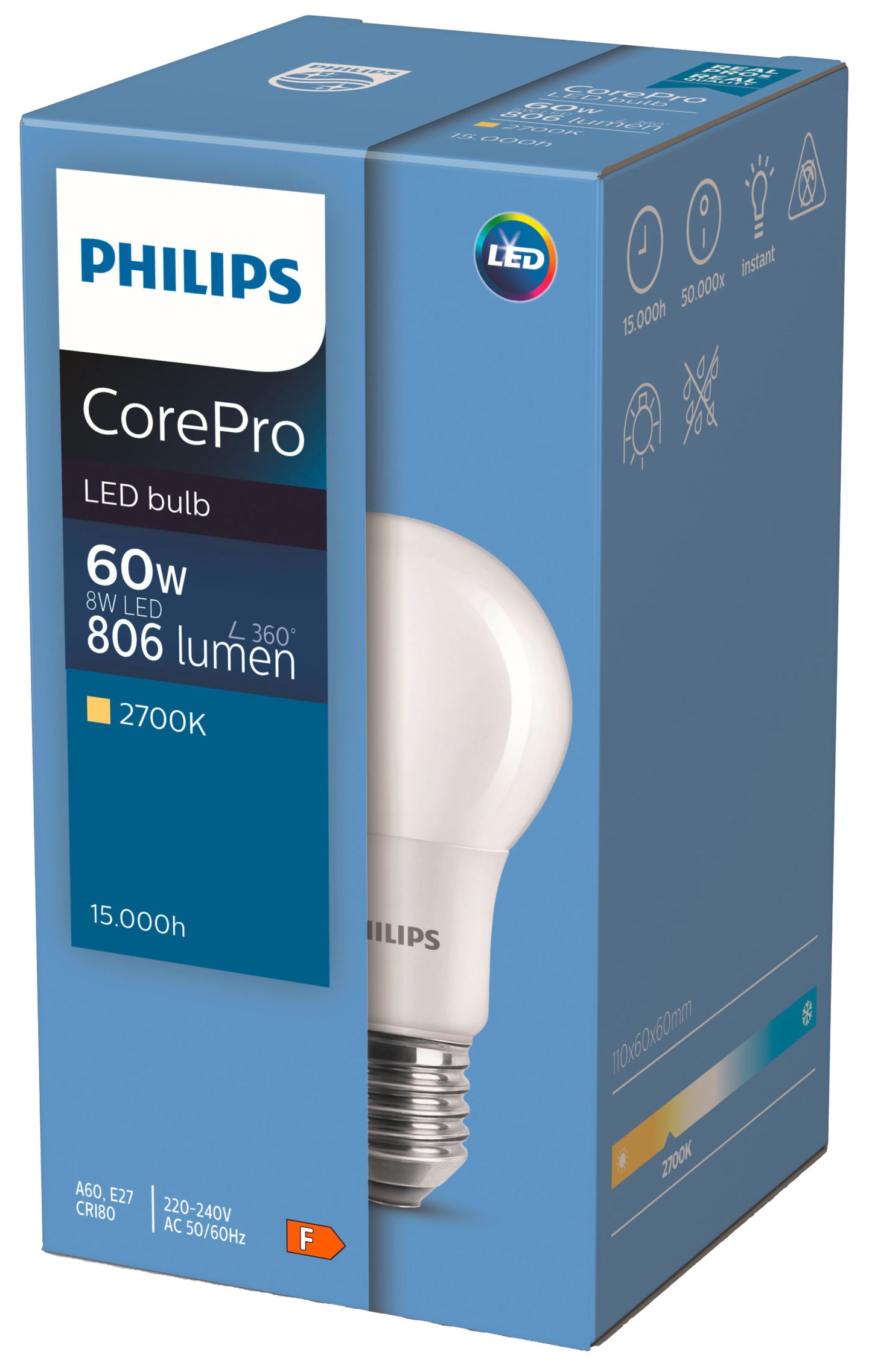 Philips LED žarnica E27 8W/60W CorePro mat 806lm, 2700K